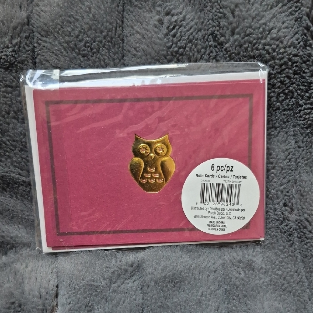 Punch Studio Set Of 6 Magenta and Gold Owl Note Cards, New With Tags